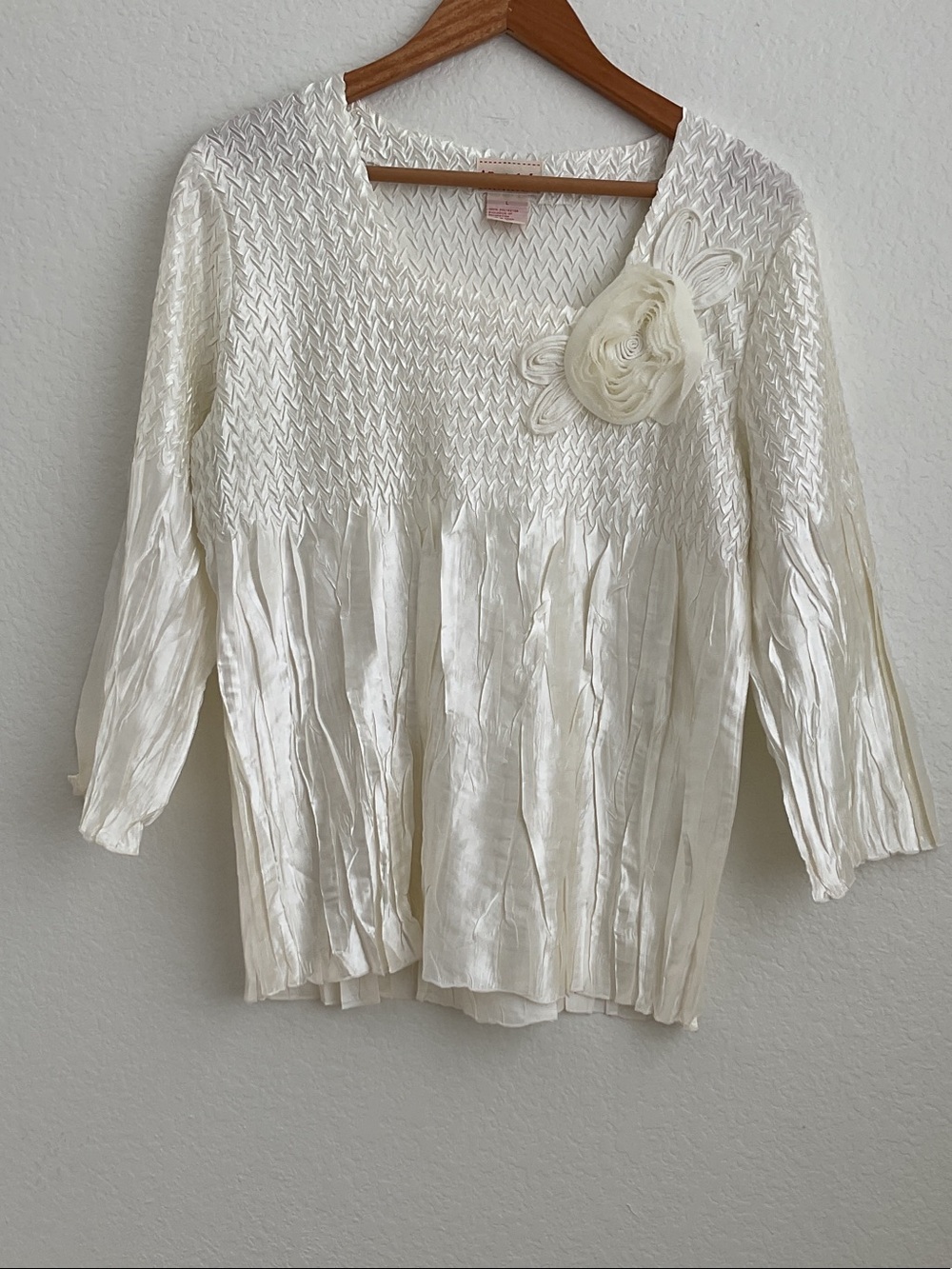 TOFFEE APPLE Ivory Smocked Crinkle Tunic with Floral Rosette Accent